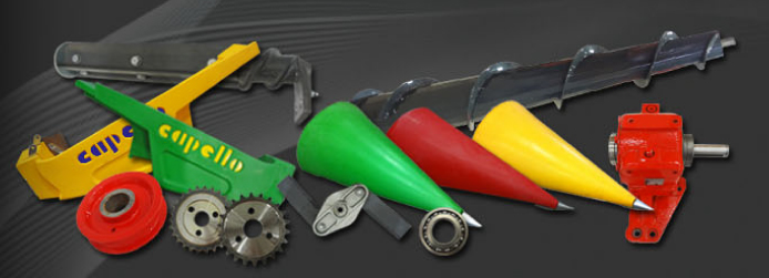 An assortment of Capello ag machinery parts from the Parts Express catalog, including gears, cross augers, & fender augers.