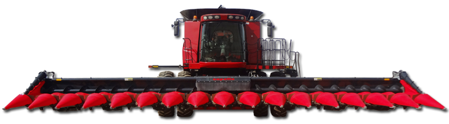 Front view of a Capello Quasar 16-row folding corn head row unit mounted to a red tractor.